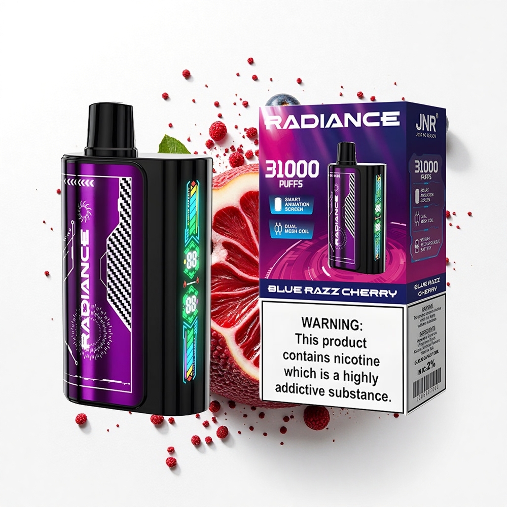 JNR Radiance 31000 Błękitna Malina Wiśnia z Ekranem Animacji i Podwójną Siatką