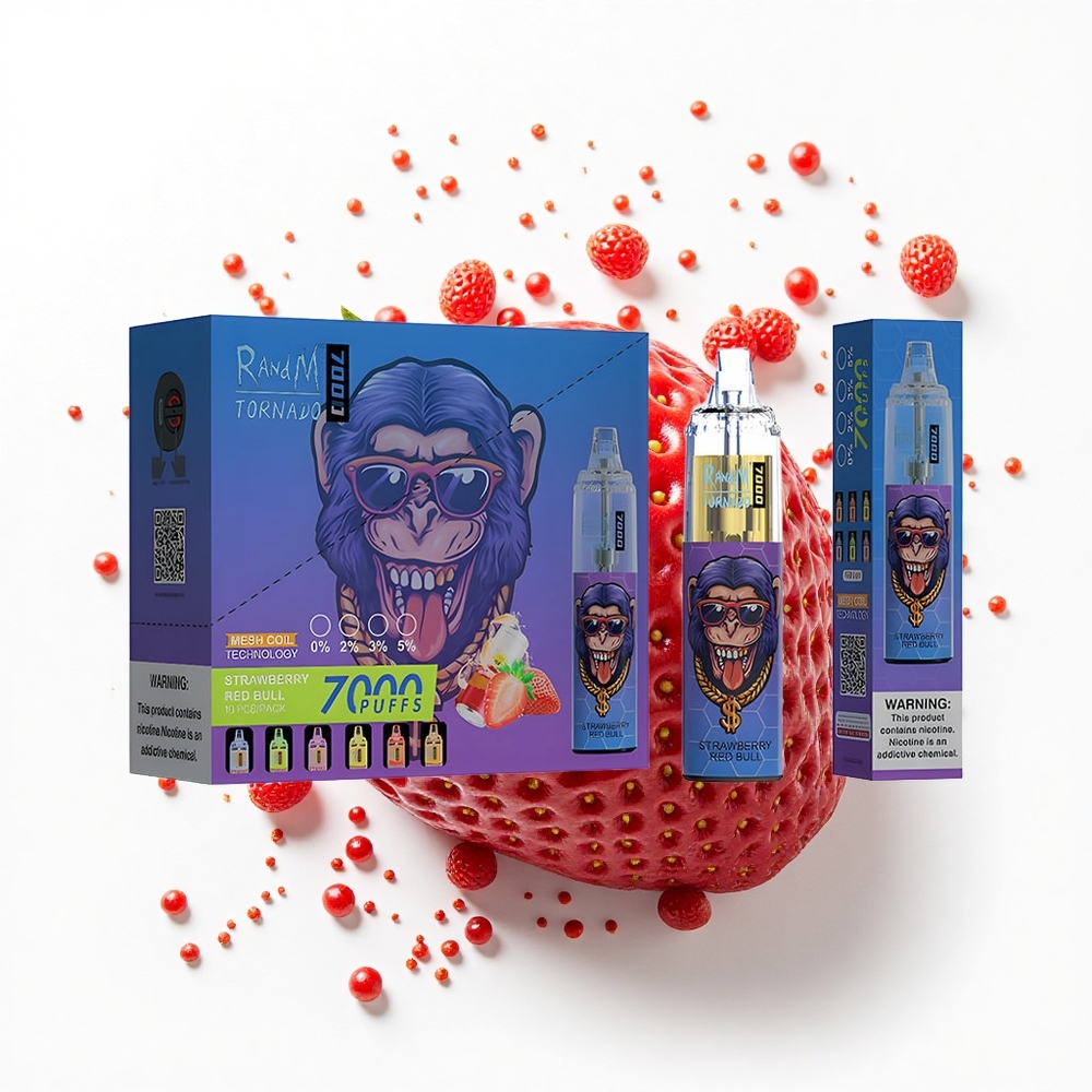 RandM Fumot Tornado 7000 Puffs Truskawkowa Czerwona Bateria 850 z Typem-C i Światłem RGB