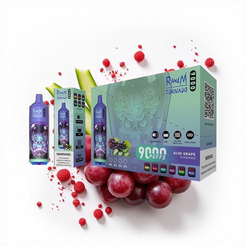 RandM Fumot Tornado 9000 Puffs Aloes Winogrono Moc 850 mAh Kolorowy Wyświetlacz