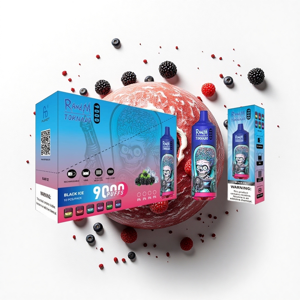 RandM Fumot Tornado 9000 Puffs Czarny Lód z Miękką Cewką i Elektrolitem 18 mL