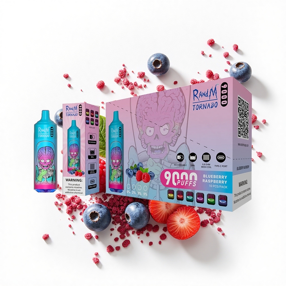 RandM Fumot Tornado 9000 Puffs Malinowo-Jagodowy Mesh z Wyświetlaczem RGB