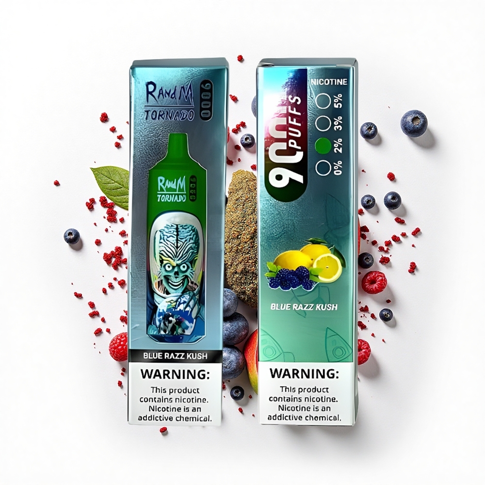 RandM Fumot Tornado 9000 Puffs Niebieski Malinowy Kush z Miękką Siatką i RGB Wyświetlaczem