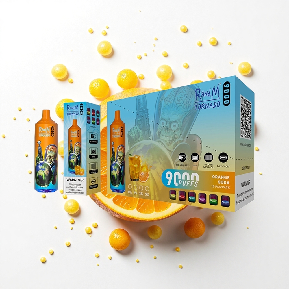 RandM Fumot Tornado 9000 Puffs Pomarańczowa Orzeźwiająca Miętowa z Wyświetlaczem RGB i Pojemnością 18 mL