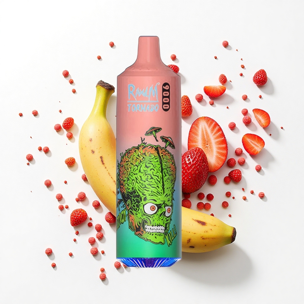 RandM Fumot Tornado 9000 Puffs Truskawkowo-Bananowy z Siateczkową Cewką i RGB Wyświetlaczem