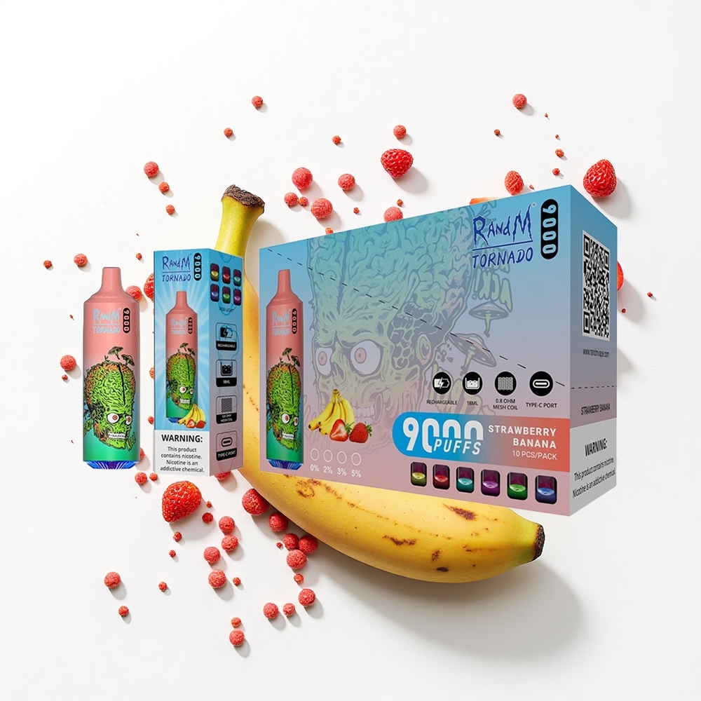 RandM Fumot Tornado 9000 Puffs Truskawkowo-Bananowy z Siateczkową Cewką i RGB Wyświetlaczem