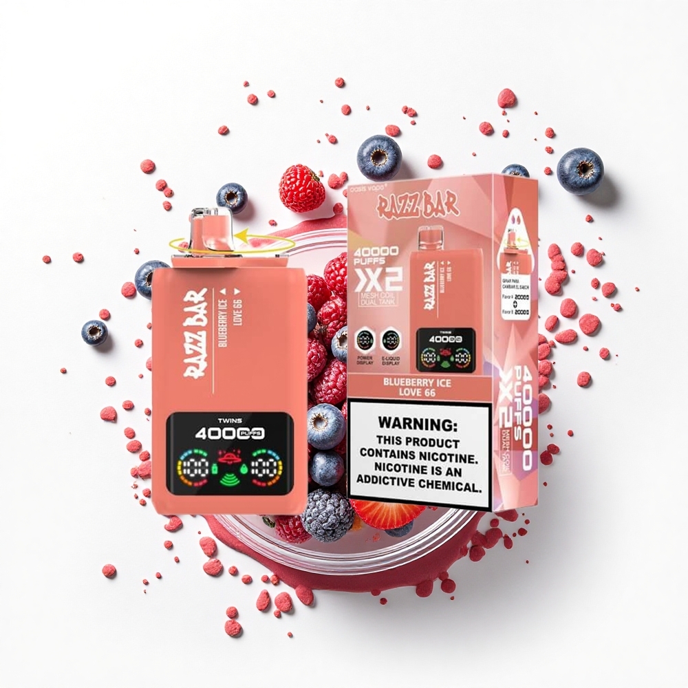 Razz Bar 40000 Puffs Borówkowy Lód - Miłość 66 z Ekranem Mocy i Podwójną Siatką 1.0Ohm