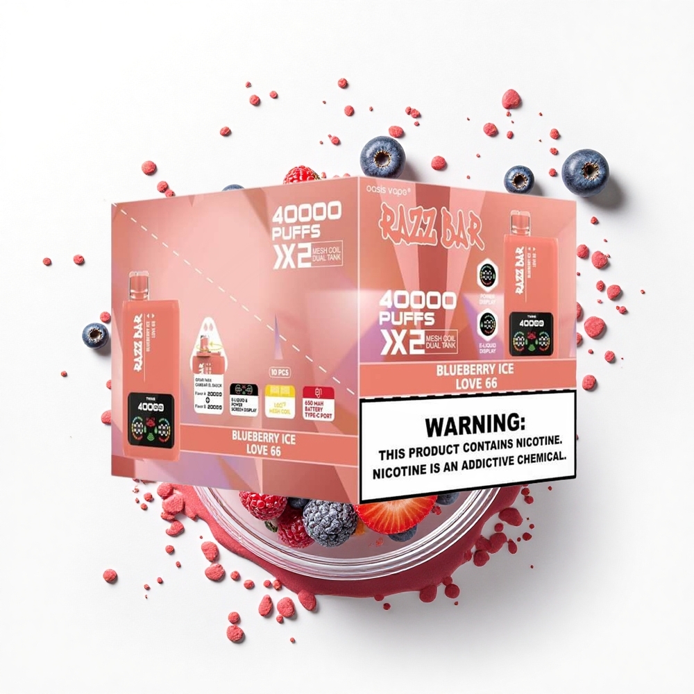 Razz Bar 40000 Puffs Borówkowy Lód - Miłość 66 z Ekranem Mocy i Podwójną Siatką 1.0Ohm