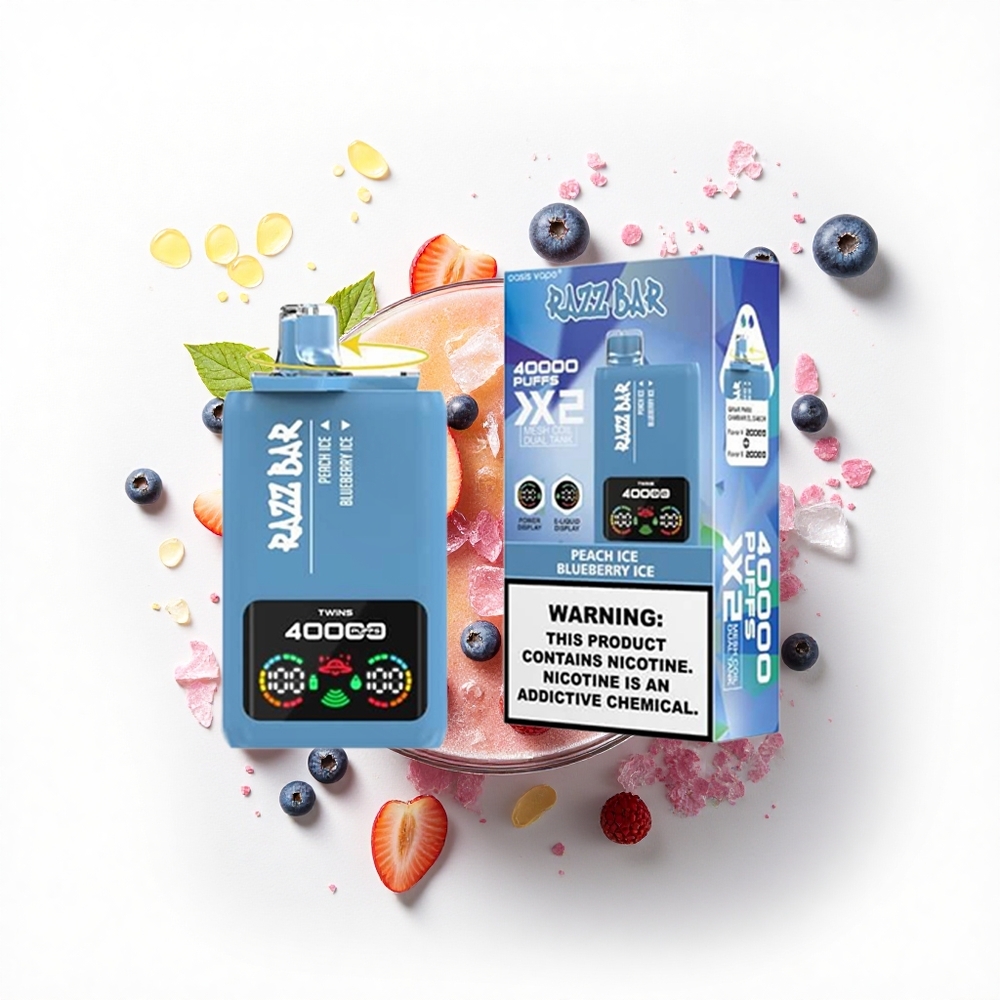 Razz Bar 40000 Puffs Brzoskwiniowy Lód - Jagodowy Lód z Podwójną Siatkową Cewką i Ekranem Mocy