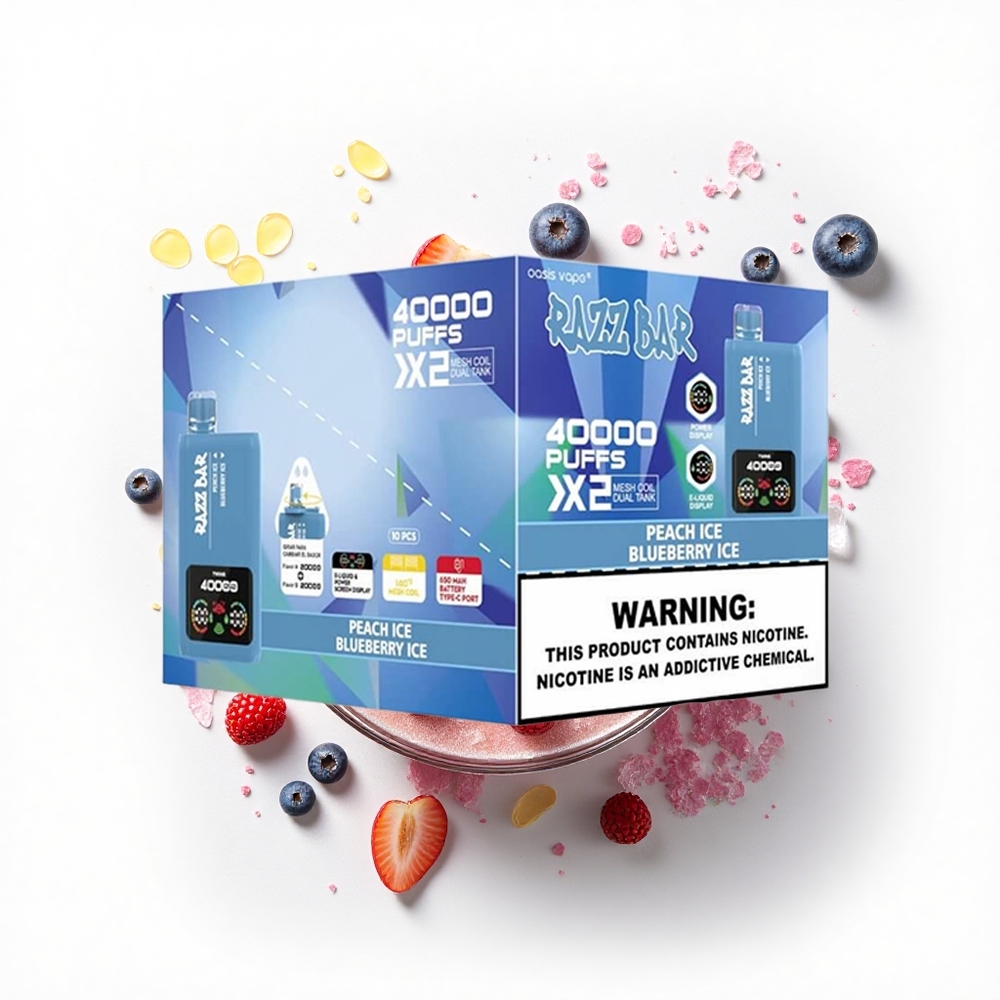 Razz Bar 40000 Puffs Brzoskwiniowy Lód - Jagodowy Lód z Podwójną Siatkową Cewką i Ekranem Mocy
