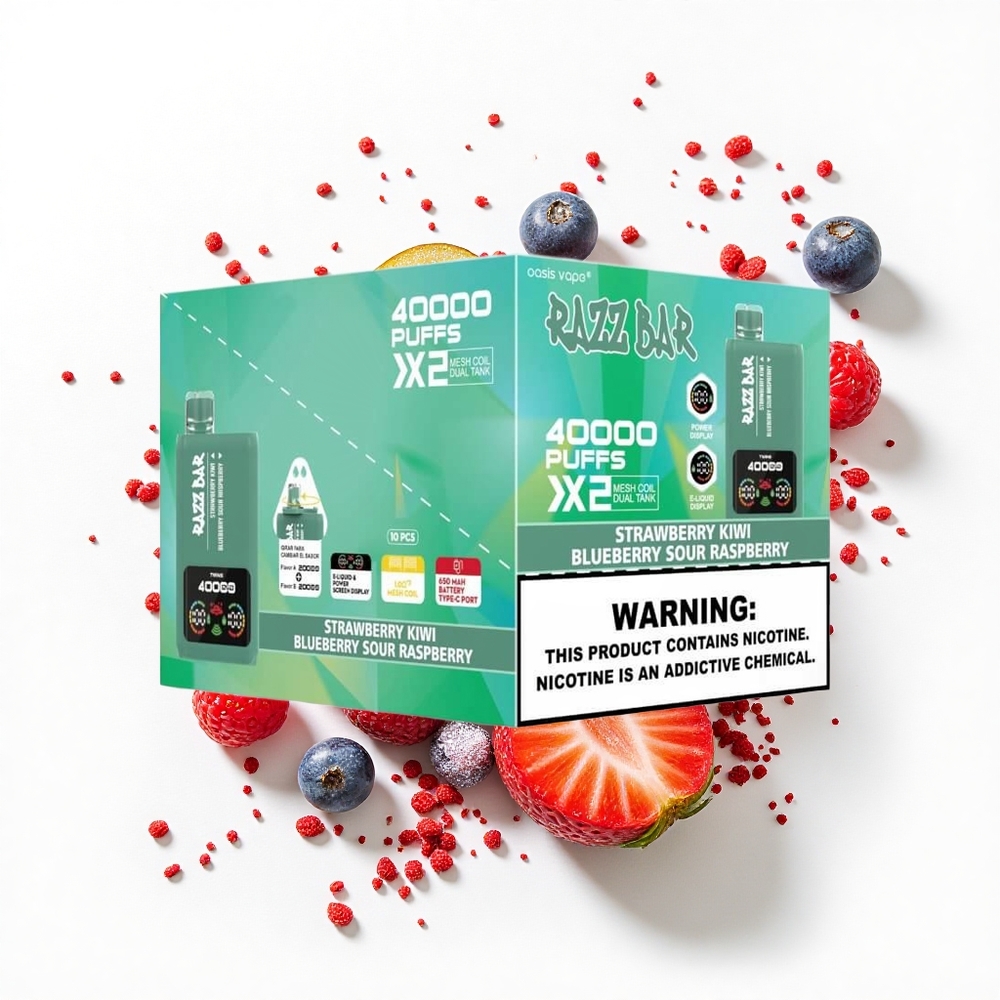 Razz Bar 40000 Puffs Truskawka Kiwi - Jagoda Kwaśna Malina z Ekranem Mocy i Podwójną Siatkową Cewką