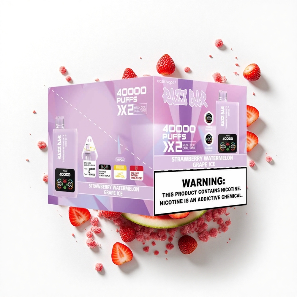Razz Bar 40000 Puffs Truskawkowy Arbuz - Lód Winogronowy z Ekranem Mocy i Podwójną Siatkową Cewką